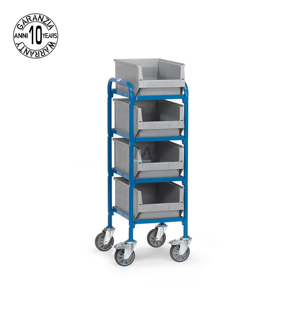 Carrello portamateriale a 4 ripiani con contenitori a bocca di lupo dim. 430×513 mm